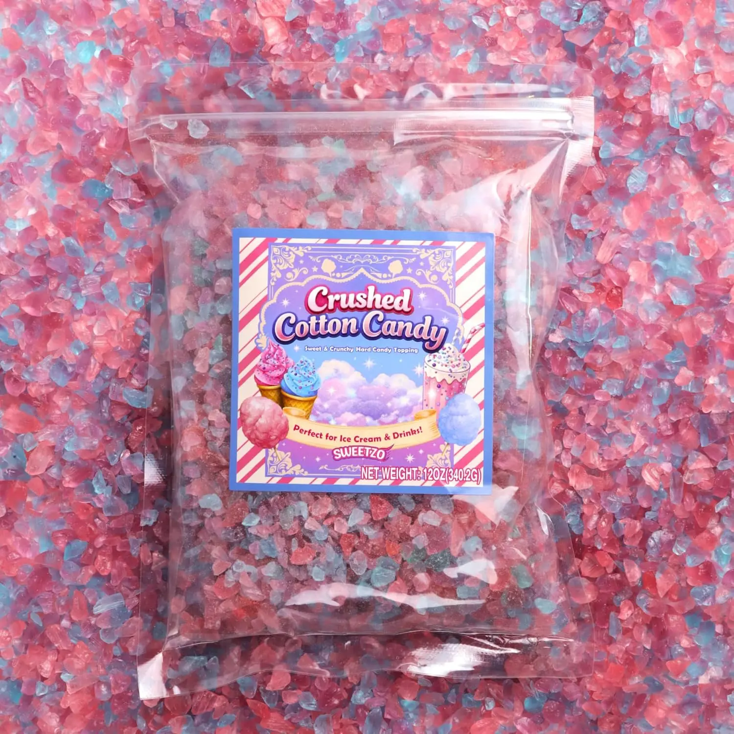 Cotton Candy Crunchies, Sweet Pink and Blue Crushed Toppings for Desserts, Ice Cream, Cookies and Drinks, Resealable Bag, 12 Ounces