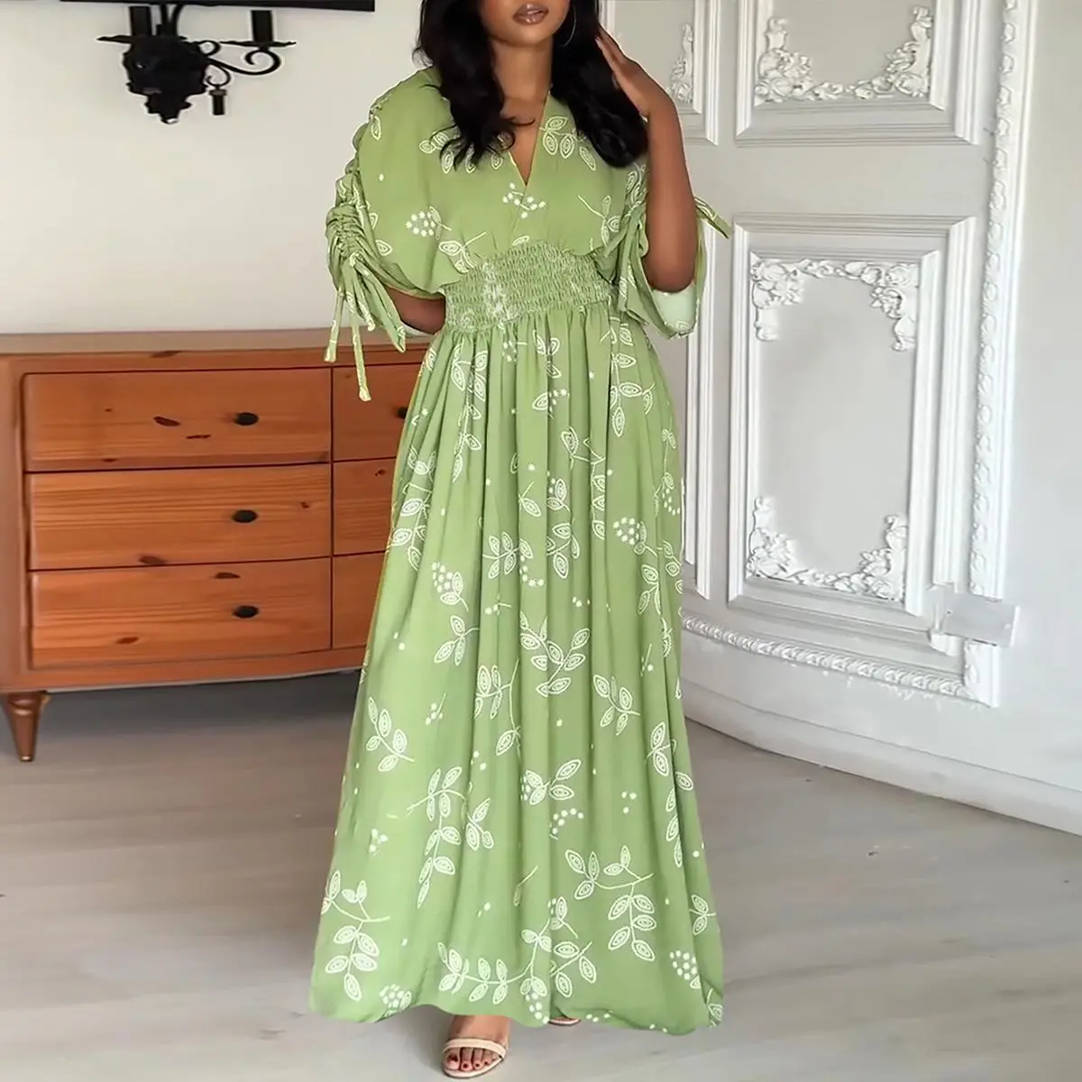 CHICME Women's Green Dress Plants Print Overlap V Neck Drawstring Sleeve Shirred Waist Maxi Dress/Summer Dress Casual Vacation Dress