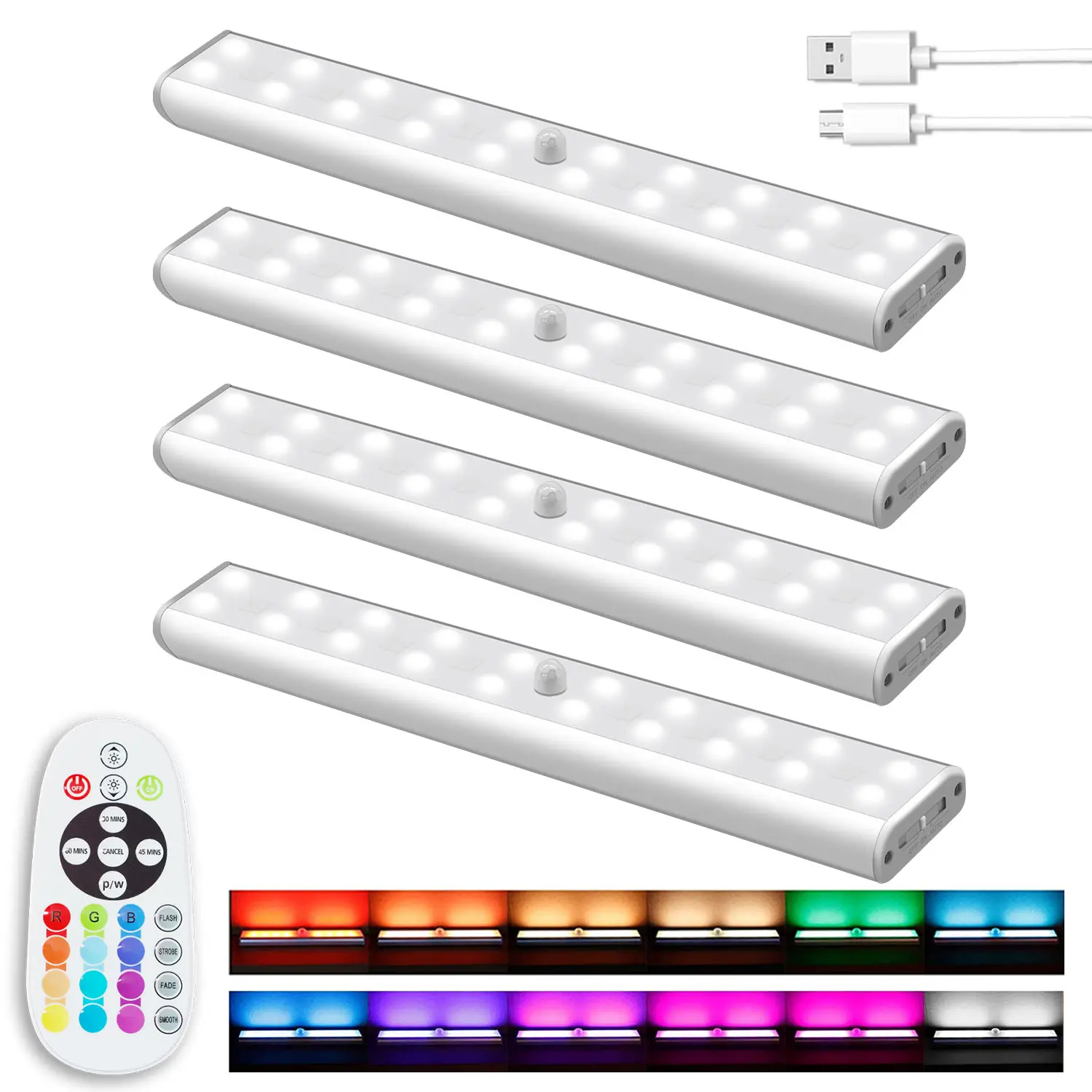 Diomart Rechargeable RGB Under-Cabinet Lights - Cordless Magnetic with Remote,, Dimmable Touch Control, 30/45/60-Min Timer, Closet Lighting Fixture