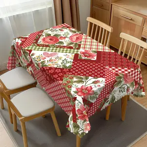 Vintage Red Rose Floral Tablecloth, Rectangle Patchwork Table Cover with Lattice Polka Dots, Wrinkle Resistant Dining Room Kitchen Decor, Party Table Decoration