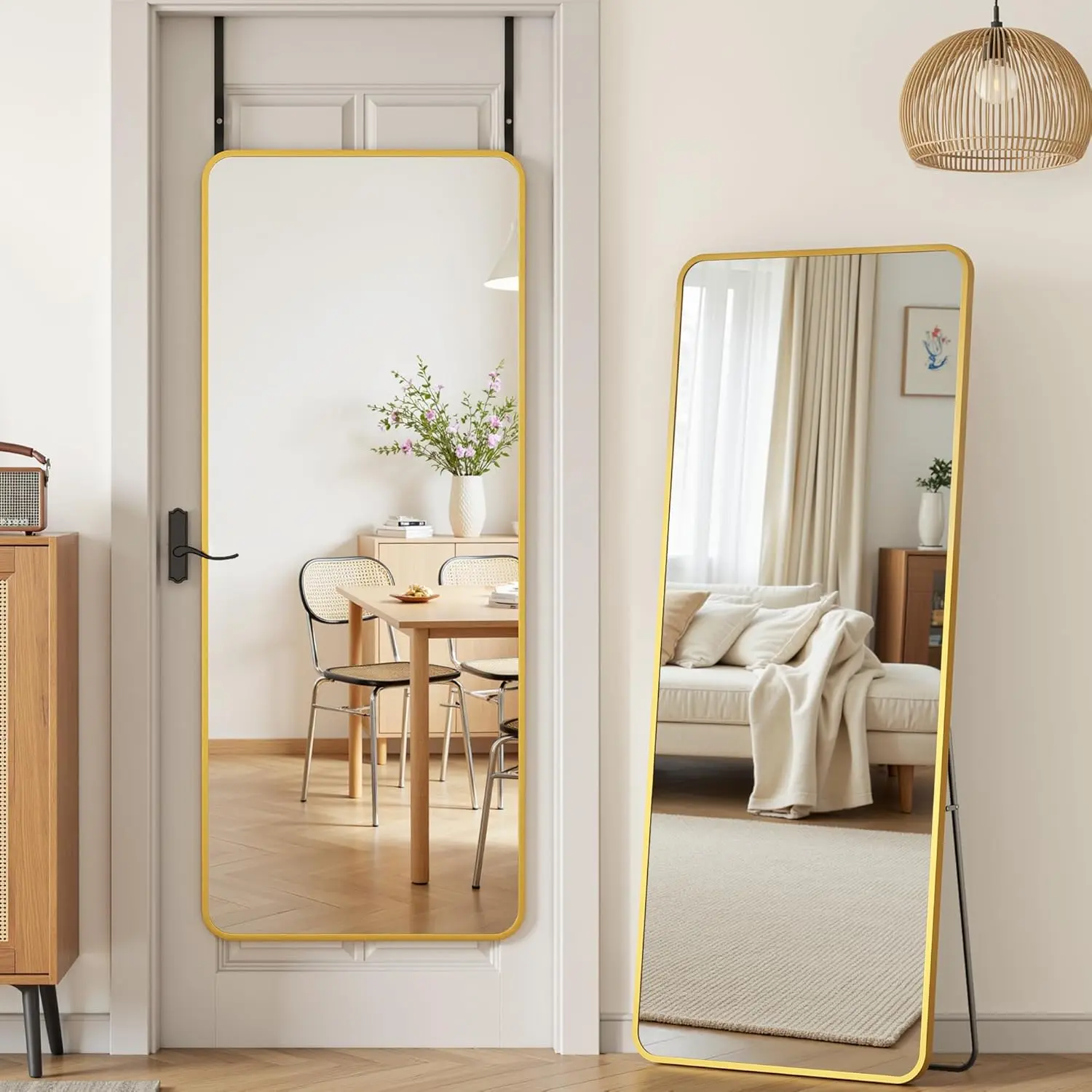 Over The Door Mirror Full Length, 58'' x 21''Wall Mounted  Mirror,  Alloy Frame, Shatterproof Glass, No Drill Installation for Bedroom, Closet, Bathroom, Dorm, Round Corner,