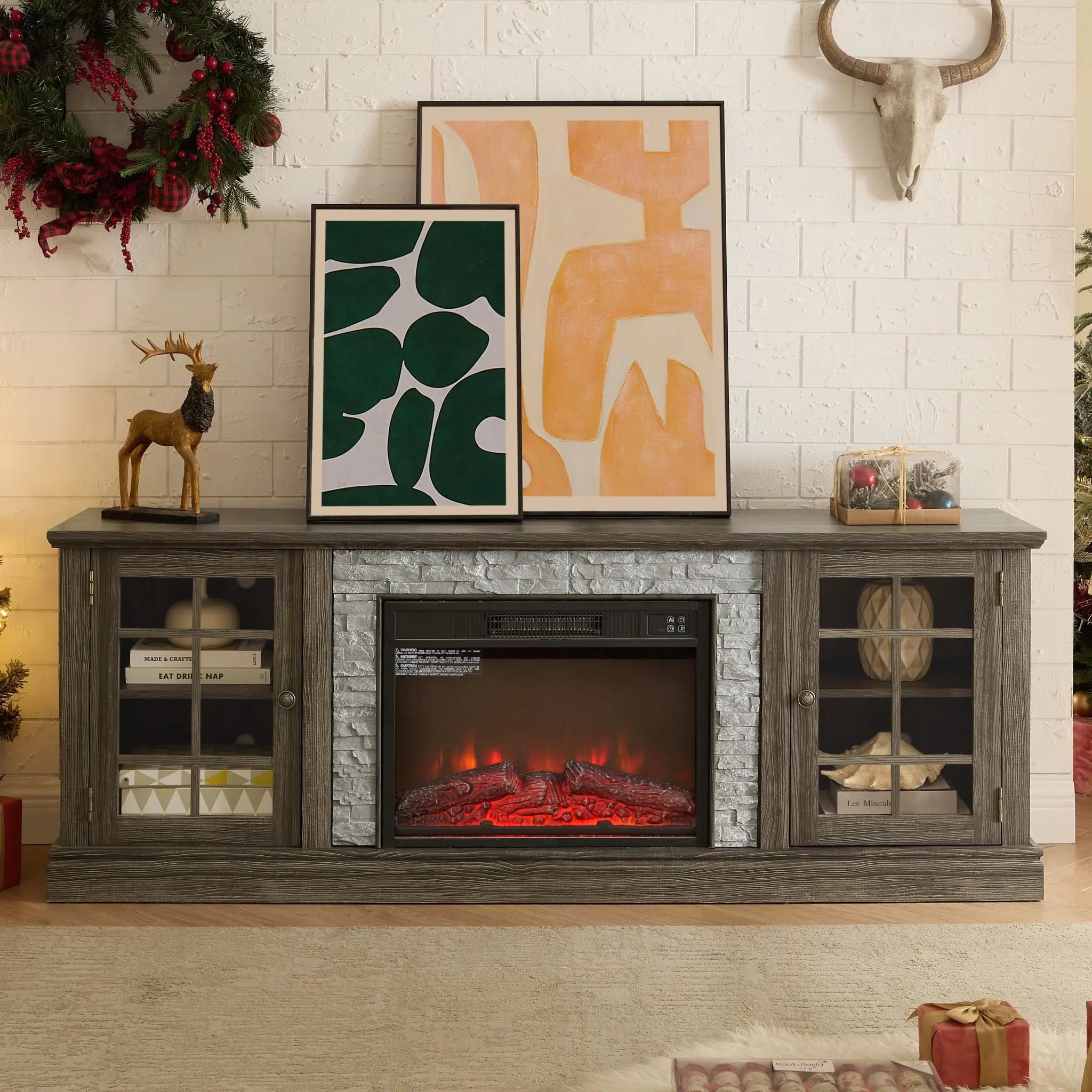 Eyisean 70" Fireplace TV Stand with Realistic Stacked Stone, Modern Electric Fireplace with Mantel, 3D Flame Effect, Entertainment Center for TVs Up to 75", TV Console Table for Living Room, Bedroom, Apartment