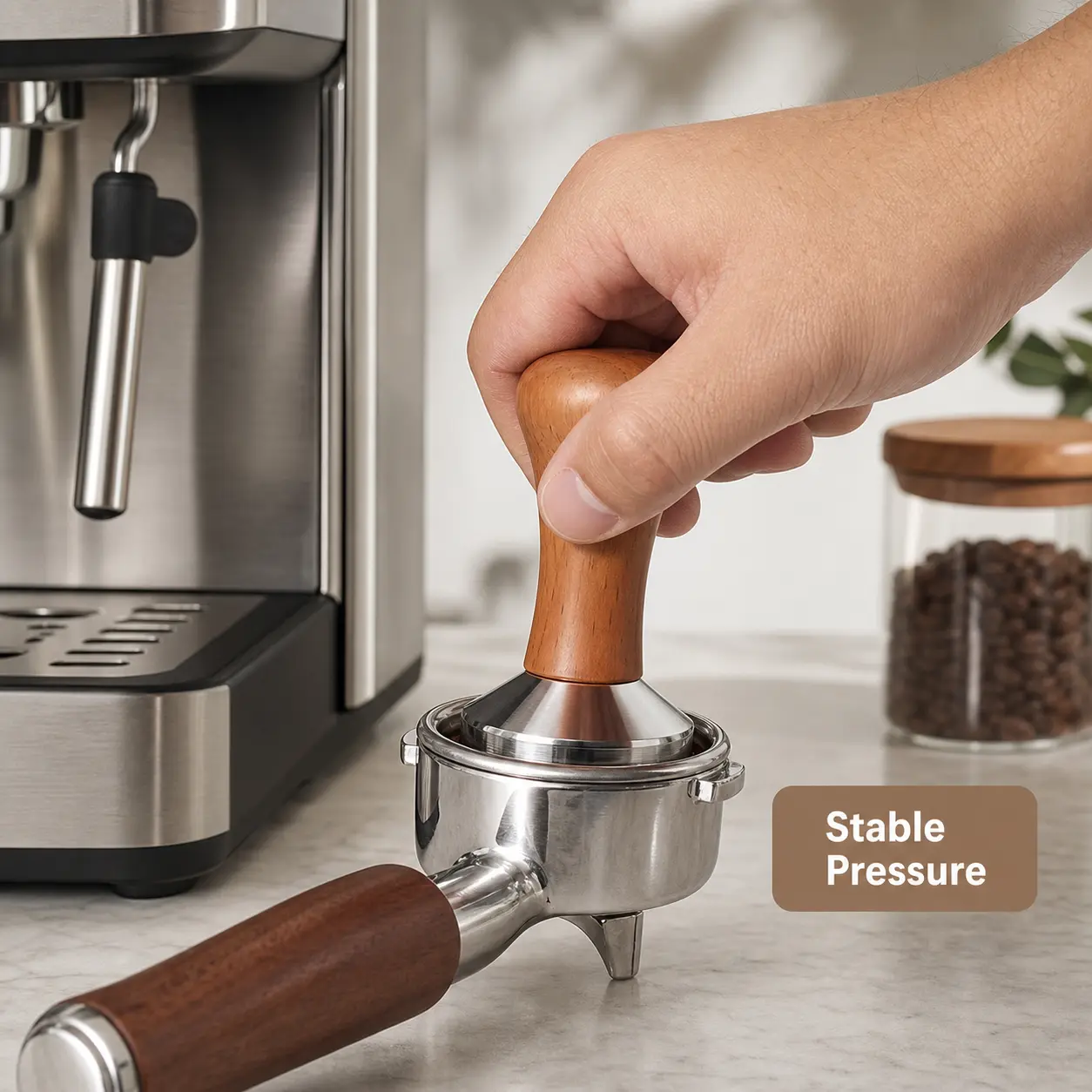Coffee Tamper with Solid Wood Curved Handle, Solid Stainless Steel Flat Base for Even Pressure Ground Coffee Pressing