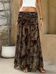 Boho Paisley Maxi Skirt High Waist Ruched Elastic Waist Flowing A Line Long Skirt Lightweight Soft Draped Vintage Ethnic Style Summer Vacation Beach Resort Casual Festival Streetwear Fashion  Women Skirt
