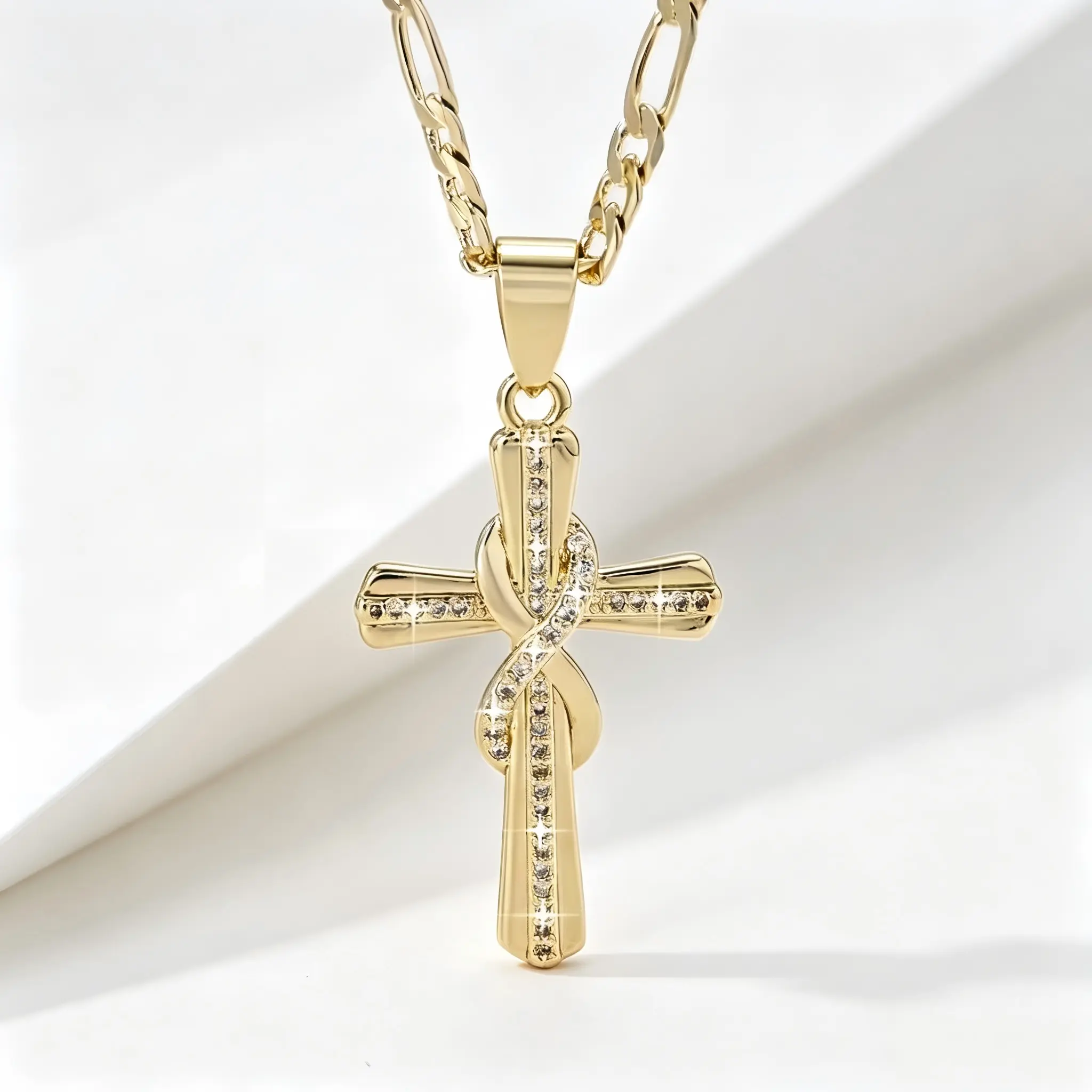 Elegant 14K Golden Plated Cross Pendant Necklace, Featuring a Christ Design And Set with 3A Cubic Zirconia, Makes a Perfect Gift for Her. It'S a Religious Piece Suitable for Everyday Wear Or Parties