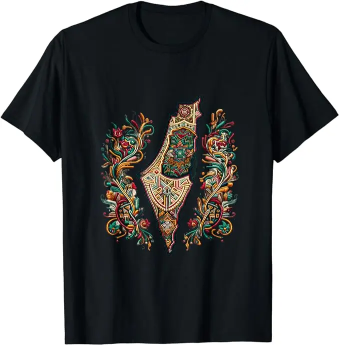 Tatreez Tapestry The Map of Palestine T-Shirt, Palestine Shirts, Traditional Palestinian Tatreez Pattern Shirt Breathable Casual Jean Top Womenswear Clothing