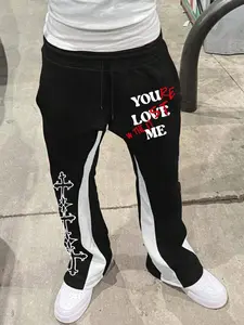 Men's Colorblock Letters Cross Print Drawstring Flare Leg Sweatpants, Casual Comfy Elastic Waist Pocket Trousers for Fall & Winter, Men's Bottoms for Daily Wear