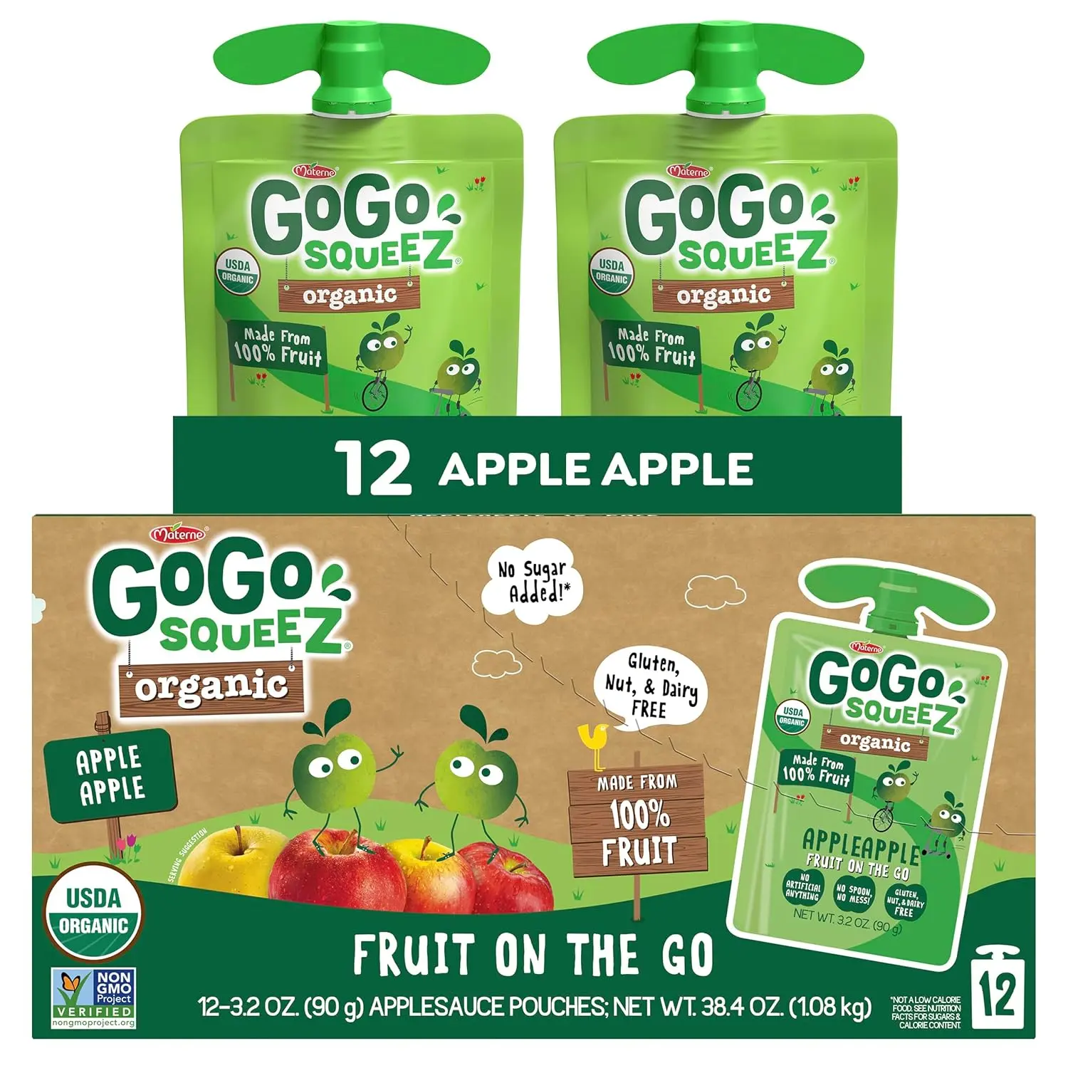 GoGo squeeZ No Sugar Added Organic Applesauce, Apple Apple, 12 Count | Kids on the go fruit snack with applesauce & puree; 3.2 oz pouches, gluten and nut free, recloseable cap, BPA-free