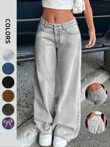 Women's Wash Solid Basic Denim Jeans, Casual Comfy Fit Loose Straight Leg Pockets Jeans for Everyday Wear, Ladies Bottoms for All Seasons Pants, Trouser, Womenswear