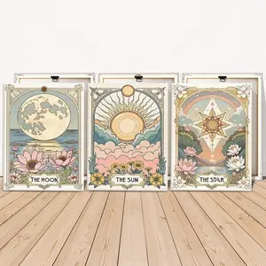 3 Counts Wooden Framed Canvas Painting, Moon Sun Star Tarot Art Images, Exquisite Poster, Perfect Living Room Decoration, Modern Art, Fashion Family Poster, Wall Art Decoration, Waterproof Art