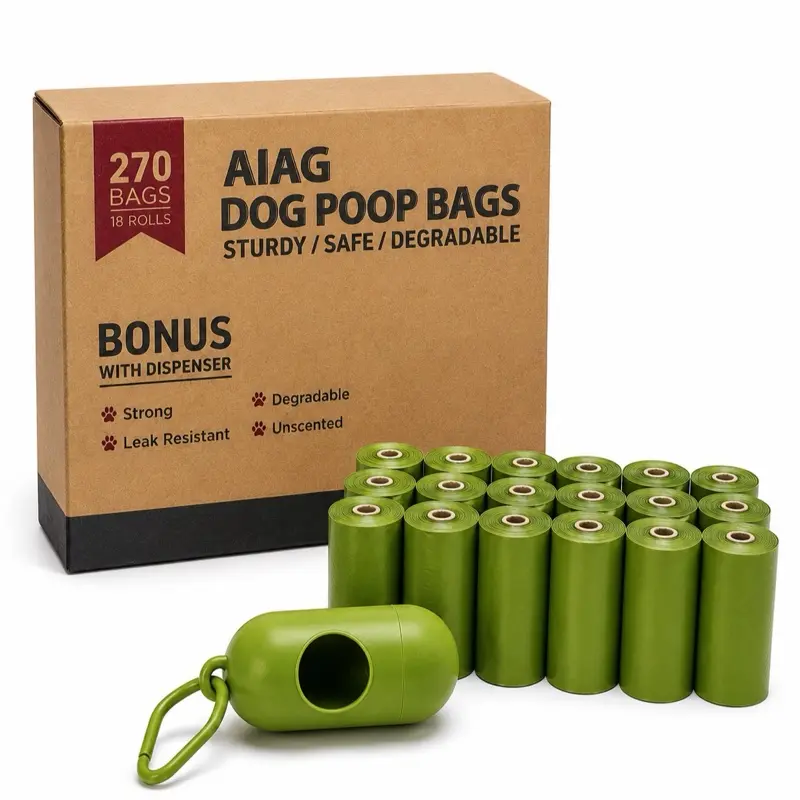 Dog Poop Bags Rolls with 1 Dispenser 270 Count (18 Rolls, 15 Bags per Roll), Leakproof, Unscented, Includes Leash Clip, Thick Strong, 8.5"W x 11.5"L
