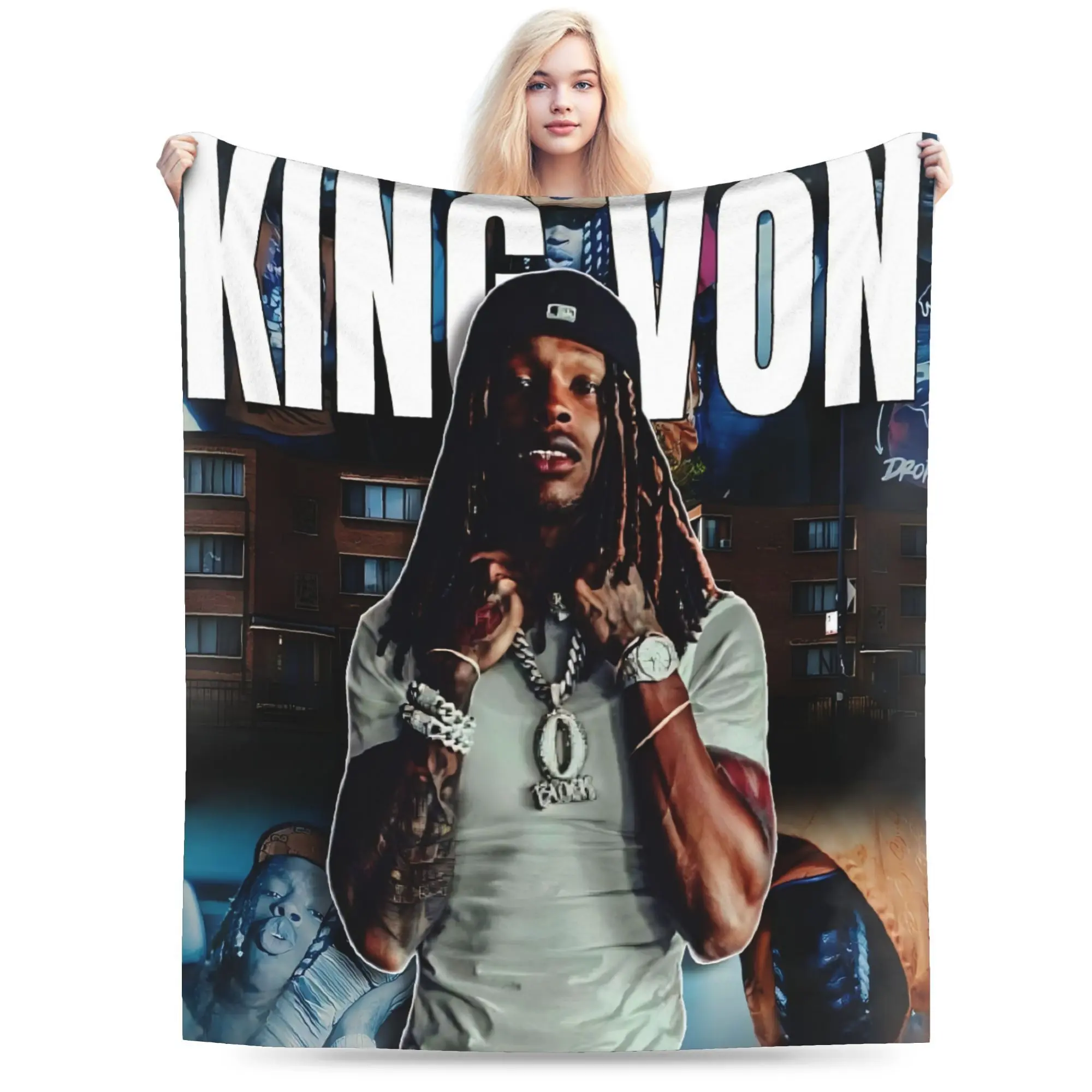 Breathable Soft Throw Blanket - King Von Hip-Hop Rapper Letter Print, Crocheted Edge, Durable Design, Multi-Size, Ideal for Home-Camping Trips, Perfect Gift for Rap Fans, Breathable Soft Blanket, Letter Print Blanket