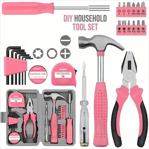 DIY Household Tool Set - Pink Home Repair Kit with Hammer, Vise, Wrench, Screwdriver & More for DIY Projects & Emergency Car Maintenance