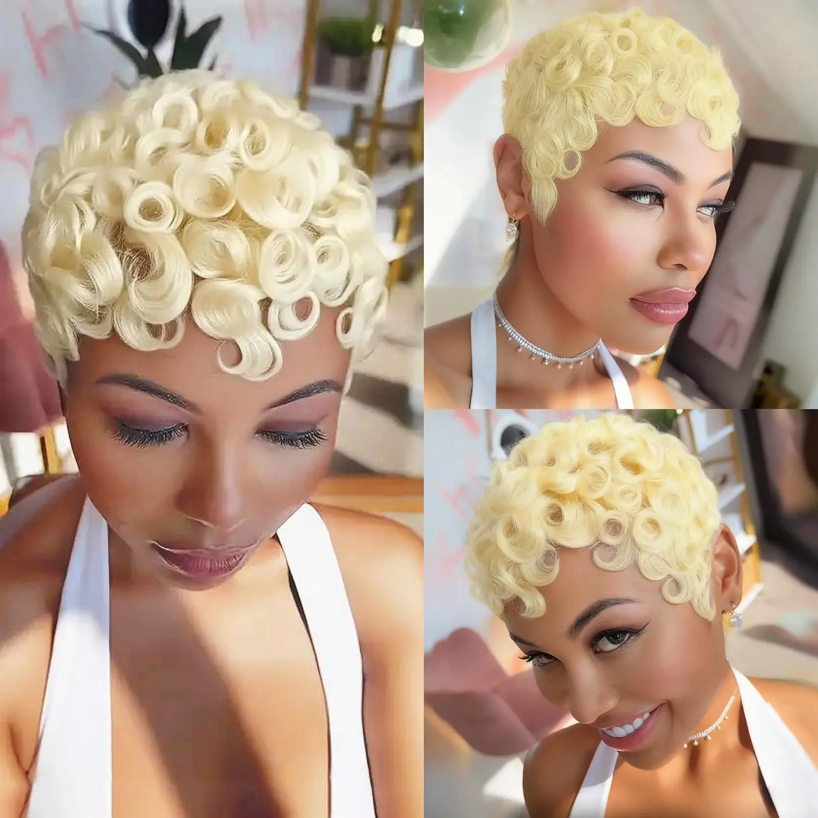 Blonde Short Pixie Cut Wig for Women, Human Hair Kinky Curly Afro Curly Wig, Textured Short Hair Wig, Full Machine Made Wig, Natural-Looking Blonde Pixie Wig, Short Curly Human Hair Wig, Easy Everyday Hairstyle