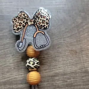 Leopard Stethoscope Badge Reel with Glitter Bow and Leopard Print Beads for Medical Professionals