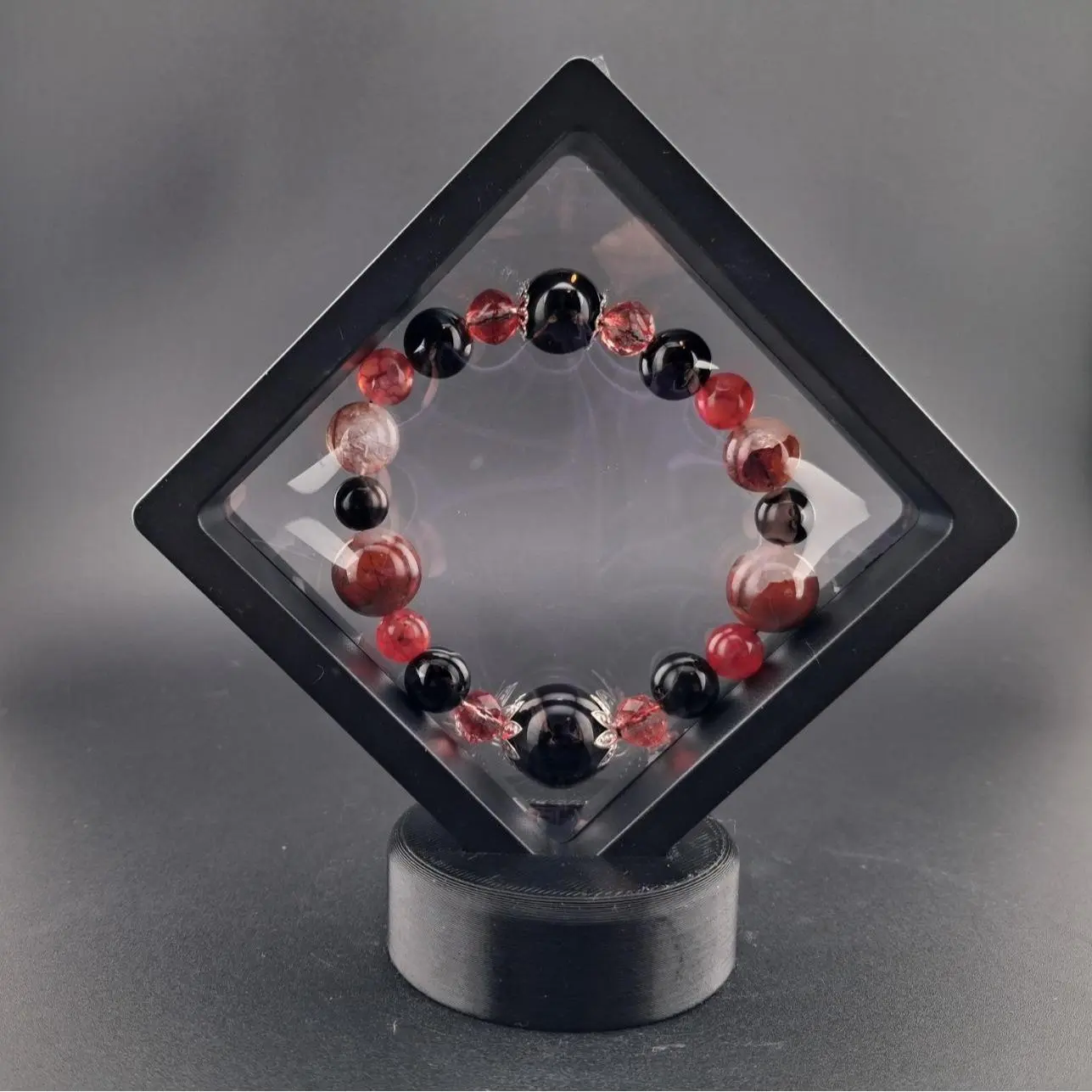 Unisex Youth Natural Crystal Bracelet - 10mm Onyx, 10mm Fire Quartz, Red Jasper, Obsidian Mix with Silver Accents, Adorned with Cracked Red Quartz (Choking Hazard Small Parts)