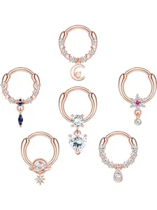 6 Pcs 16G Dangle Septum Rings for Women Blue Planet Moon Star Flower CZ Opal Dangle Septum Nose Rings Cartilage Helix Daith Earrings Dangling Septum Piercing Jewellery Body Piercing Jewelry