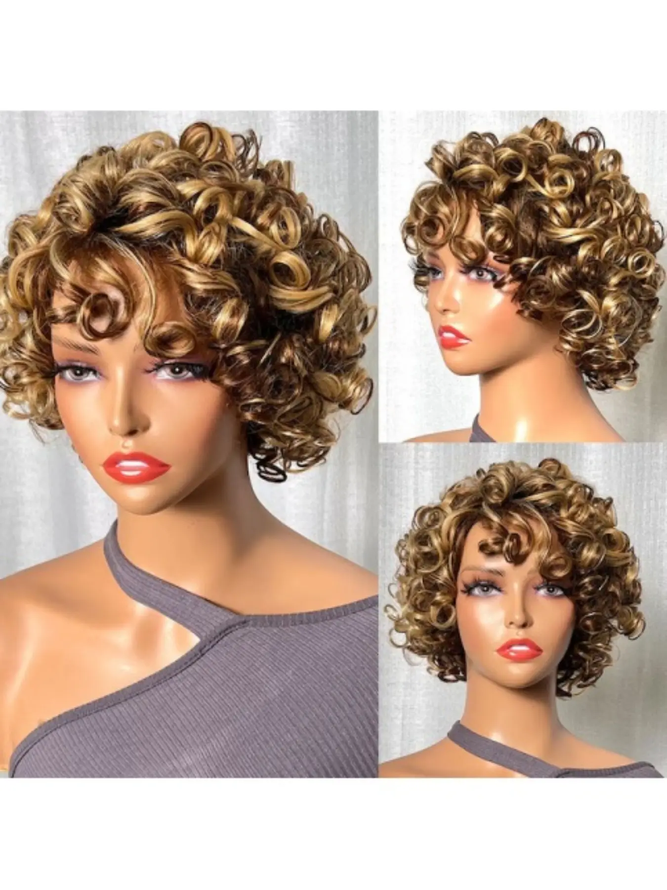 Pre Everything Glueless Adjustable Human Hair Wigs for People - Afro Curly/Kinky Look with Blonde Highlights, 150% Density Machine-Made Glueless Hairline Wig, Unisex Net for men &, No Needed for daily Wear/Performance