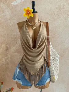 Boho Choker Fringe Top Women, Deep V Backless Vacation Style Sleeveless Tank Top, Sexy Fitted Plain Design for All Seasons