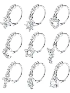 Fashionable 9 Pcs Colorful Shining Dangle Nose Rings Copper Stainless Steel Hoops for Women Men Sweet Flower Butterfly Cross Heart Moon Star Cubic Zirconia Cartilage Earring Cute Dangling Nose Rings Nose Piercing Jewelry Spiral Nose Ring