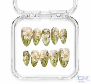 GakuNails IVORY GARDEN 10 PCS Medium Almond Handmade Press On 3D Flower Green Shimmer Cateye Builder Gel selectable size Reusable Nails, Almond Shape Nails, Flower Design Nails