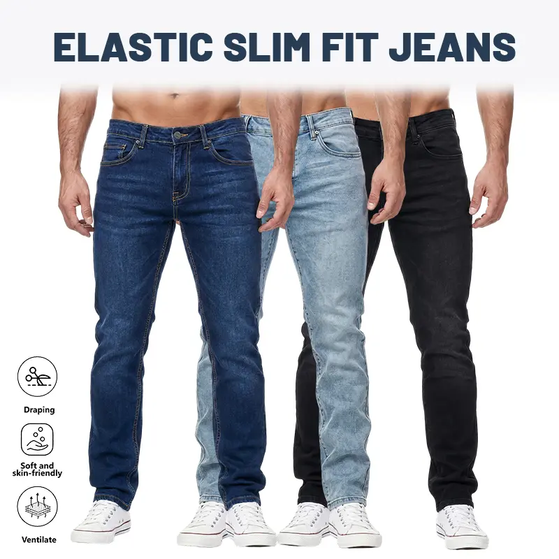LIFE KEEPS MOVING men’s stretch denim jeans, regular fit cotton pants, back pocket design, suitable for commuting, casual wear, classic street style everyday long denim trousers, fashionable menswear, Father’s Day gift