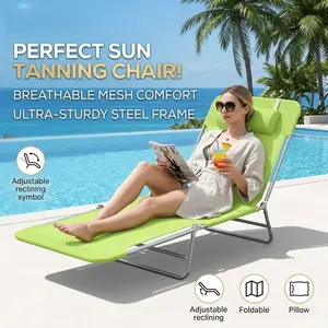 Outdoor Lounge Chair Folding Chaise Lounge Pool Chair with Adjustable Reclining Back Breathable Mesh and Pillow Green Sun Tanning Lounger for Beach Yard Patio Poolside Summer Outdoor Relaxation Essentials Portable Steel Frame