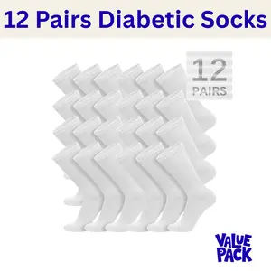 Men's & Women's 12 Pair Cotton Diabetic Crew Socks – Non-Binding, Loose Fit, Wide Top for Circulation 9-11, 10-13, 13-15, Grey, White, Navy, Black