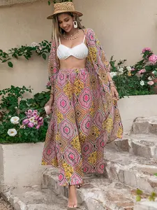 Women's Tribal Pattern Pants Two Piece Set, Bohemian 3/4 Sleeve Open Front Top with Palazzo Pants, Summer Outfits 2024, Boho 2 Piece Outfits for Women, Fashion Pants Set