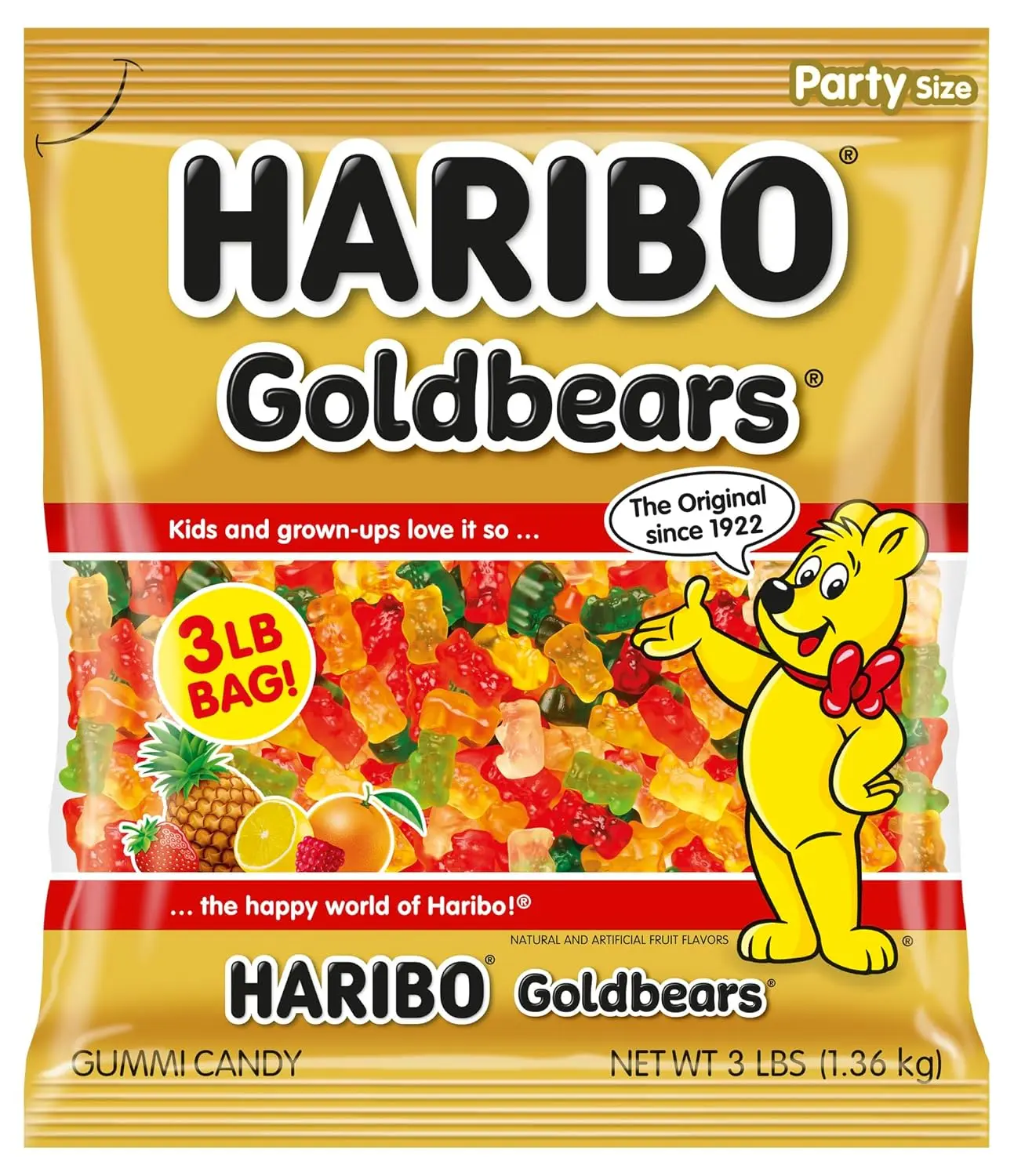 Chewy Gummy Rainbow Goldbears Candies - 3 lbs Bag, Assorted Sugar-Sweetened Flavors (Strawberry, Lemon Included)