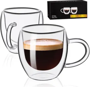 Espresso Cups Set Of 2, Double Wall Insulated Glass Coffee Mugs 5.5 OZ, Cappuccino Cups with Handle, Clear Glass Coffee Cups Travel Camping for Cappuccino/Latte//Shots  (5.5OZ)