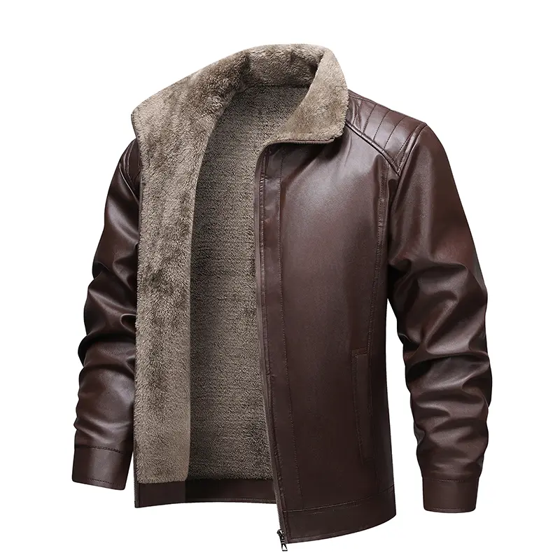 2025 New Thickened Fleece Leather Jacket Autumn Winter Men's Leather Coat Light Business Casual Square Collar Fashion Versatile Leather Jacket