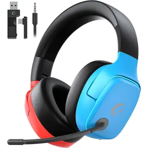 2.4GHz Wireless Gaming Headset for Switch/Lite/OLED - Bluetooth 5.3 Gaming Headphones with 7.1 Surround Sound for Fortnite, 50mm Speakers, 70H Battery, Blue Lighting - BlueRed