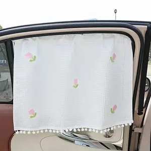 Four Car Window Curtains, Sunshade Side Window Waffle Embroidery Tulip Flower Design, Suction Cup Heat Insulation Car Shade