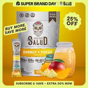 Salud 2-in-1 [Energy + Focus – Piña Mango] Clean Energy Drink Mix, Agua Fresca, Organic Caffeine (200mg), L-Theanine (350mg), B6 & B12, Non-GMO, Gluten Free, Vegan, Low Calorie, 1g Sugar (15 Servings)