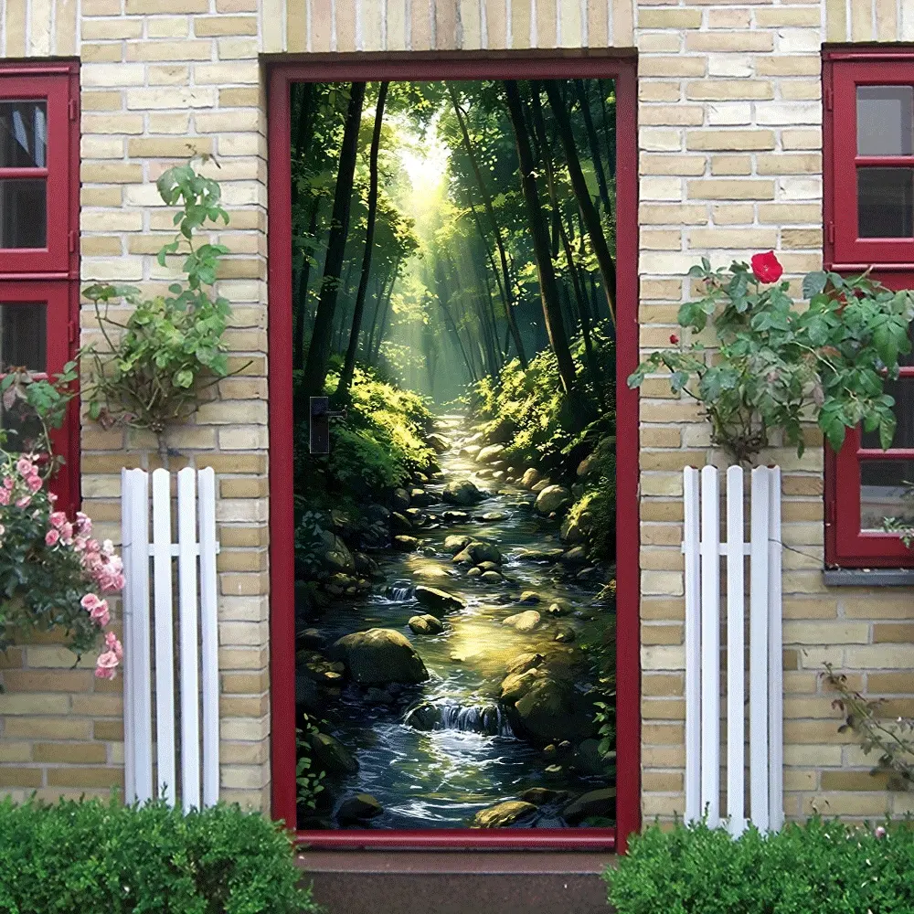 2pcs Forest Stream Sunlight Wall Sticker Natural Scenery Home Decor Decal Living Room BedroomWall Self Adhesive Removable Eco Friendly PVC Waterproof Wear Resistant Creative Art Mural  Collage Self-Adh
