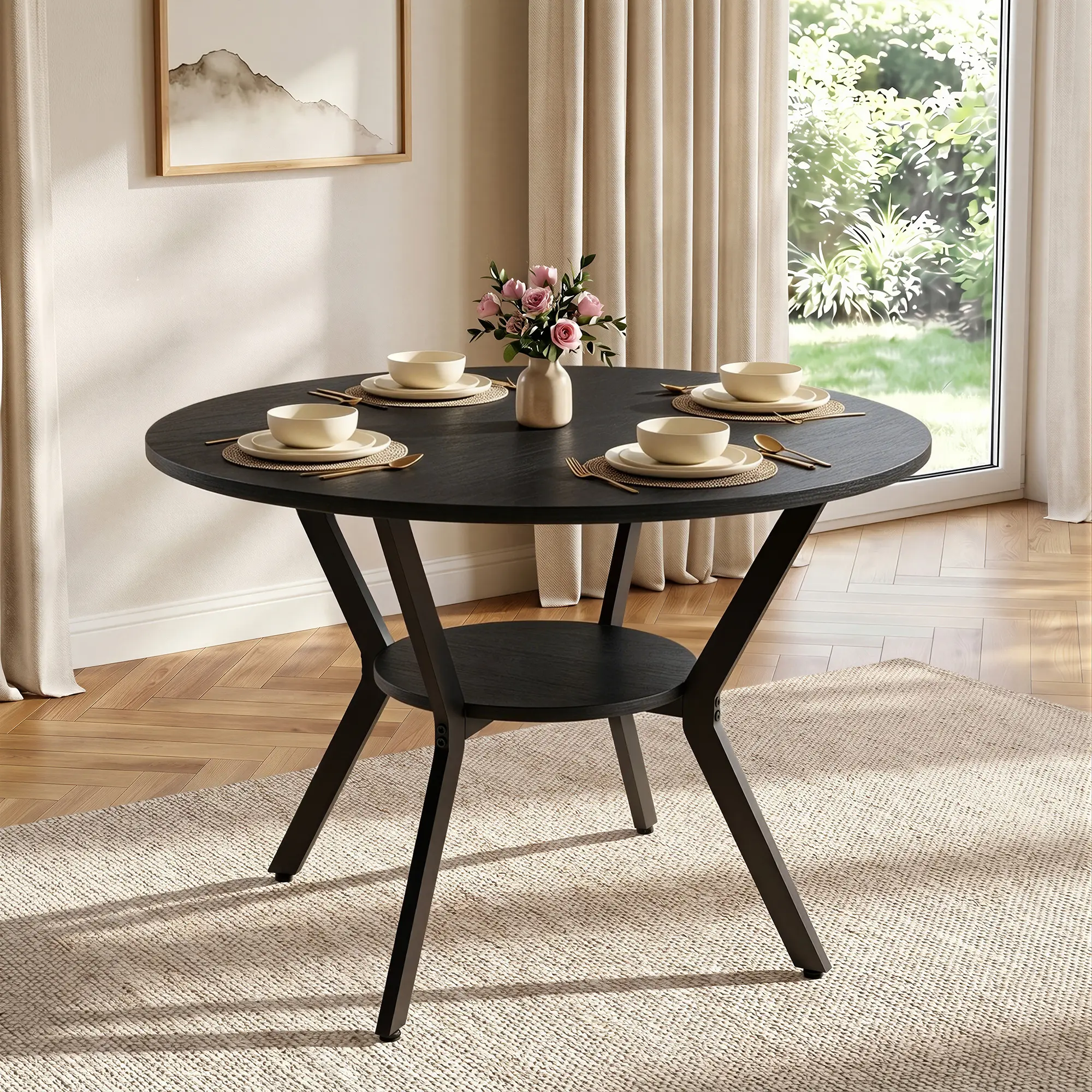 43.3 in Round Modern Black Dining Table - Space-Saving Indoor Furniture for 4, Kitchen & Dining Room Use
