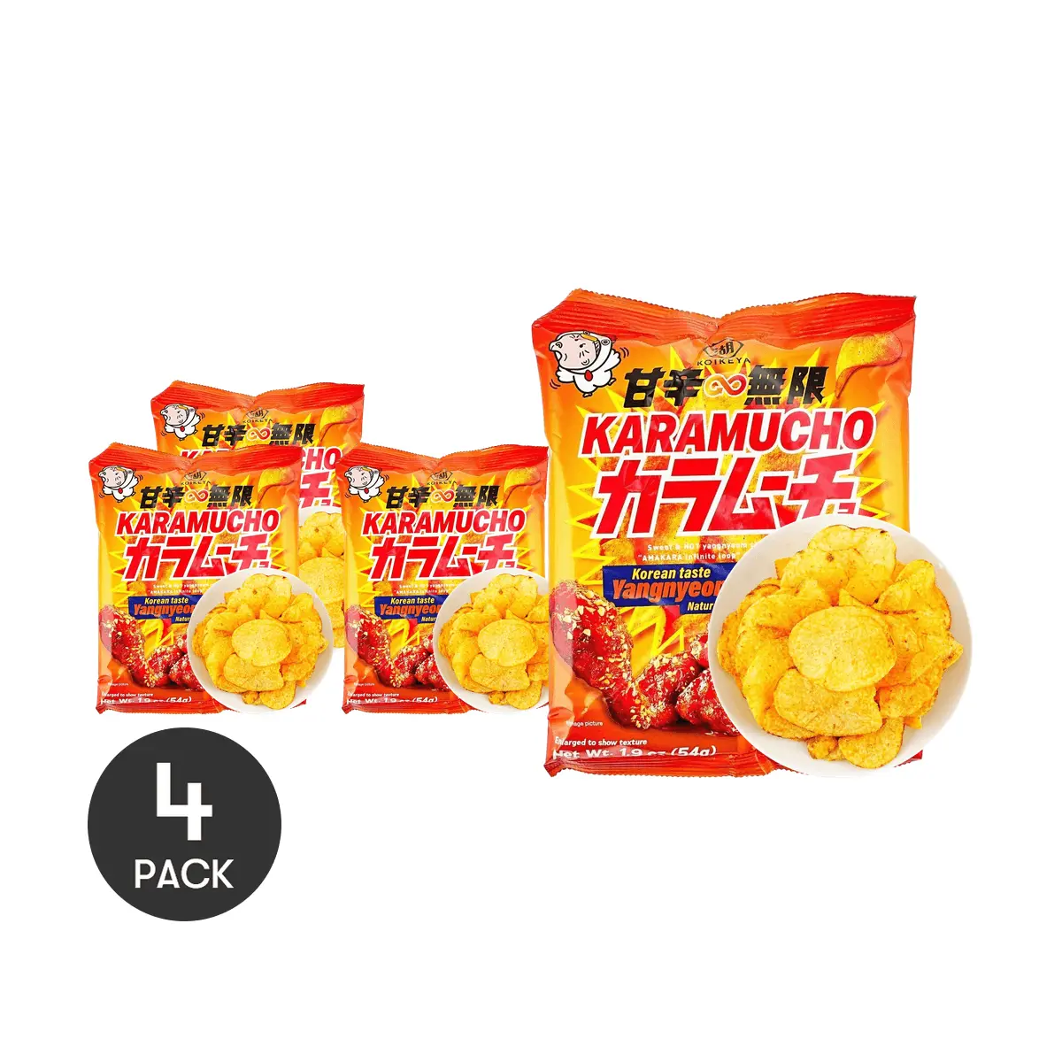 4 Pack KOIKEYA Karamucho Korean Sweet Spicy Chicken Chips 1.9 oz Each - Japanese Yangnyeom Flavor Potato Chips