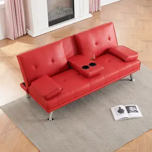 67-inch Red Leather Multifunctional Double Folding Sofa Bed with Coffee Table for Office Use