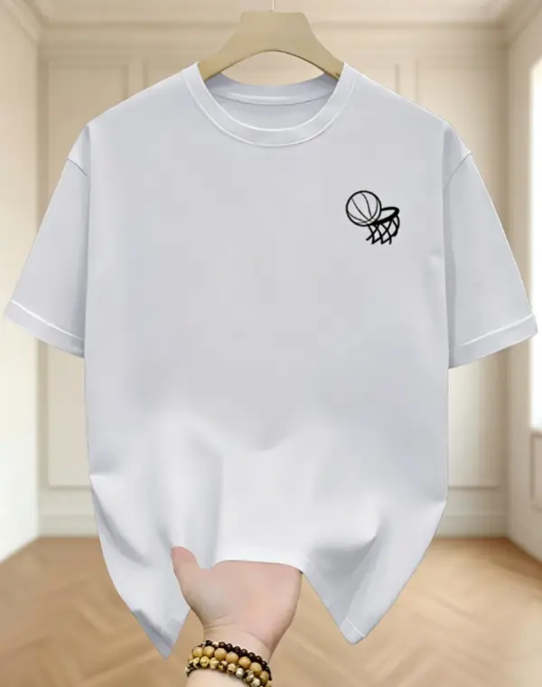 Minimal Simple Line Basketball Hoop Graphic Tee, Tiny Chest Logo Sports Short Sleeve, Soft 100% Cotton Loose Fit Top, Unisex Basketball Lover Casual Streetwear Outfit for Men Women