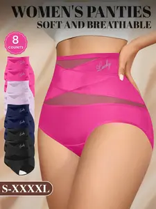 8 Pcs High Waist Women's Underwear, Criss Cross Design, Breathable Mesh, Stretchy Comfort, Sizes S-Xxxxl, All Seasons