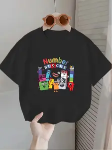 New Summer Short-Sleeved Round-Neck T-Shirts, Graphic Tees, Character Print Shirt, Boys And Girls, Cartoon "Numberblocks" Digital Building Blocks Printed Top, Casual Children's Clothing Suitable for Daily & Outdoor Use, Versatile