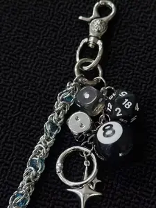 American-Style Patchwork Pants Chain with Blue Keel, Stars, Black Eight-Ball & Dice Charms - Keychain, Belt Chain, Street Hip-Hop Outfit Accessory, Stylish Keychain, Keychain Accessories