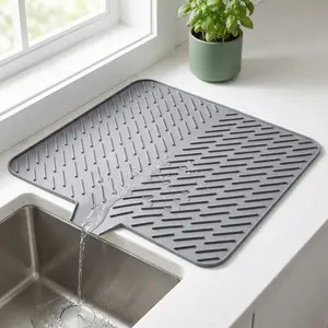 Silicone Drying Mat, 23"X17" With Built-in Drain Lip,Heat-Resistant,Eco-friendly,Hygienic Drying Pad,Leak-Proof and Non-Slip,Silicone Dish Drying Mat for Kitchen Counter or Sink（Gray 23X17）