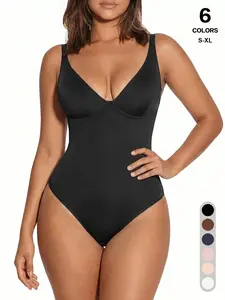 Women's Solid Color V-Neck Bodysuit, Slimming And Shaping Shapewear