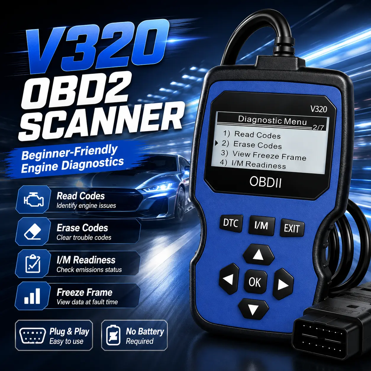 2026 V320 OBD2 Scanner Diagnostic Tool for Cars, Engine Fault Code Reader with Code Lookup, Read & Erase Codes, I/M Readiness, Freeze Frame Data, Live Data Stream, Plug & Play Auto Diagnostic Scanner