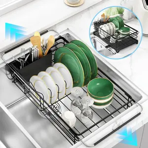 Dish Drying Rack in Sink Stainless Steel Dish Racks for Kitchen Counter Expandable Dish Drainer with Removable Utensil Holder Black Organiser