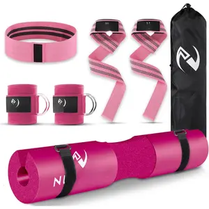 9 count Gym Accessories Set Featuring Barbell Pad with 2 Safety Straps - 2 Ankle Straps for  Machine - 2 Weight Lifting Straps -  Resistance Band - Carry Bag for  Thrust Pad