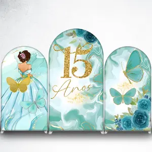 Teal Butterflies and Blue Roses Arch Backdrop Cover for Bridal Shower Decor