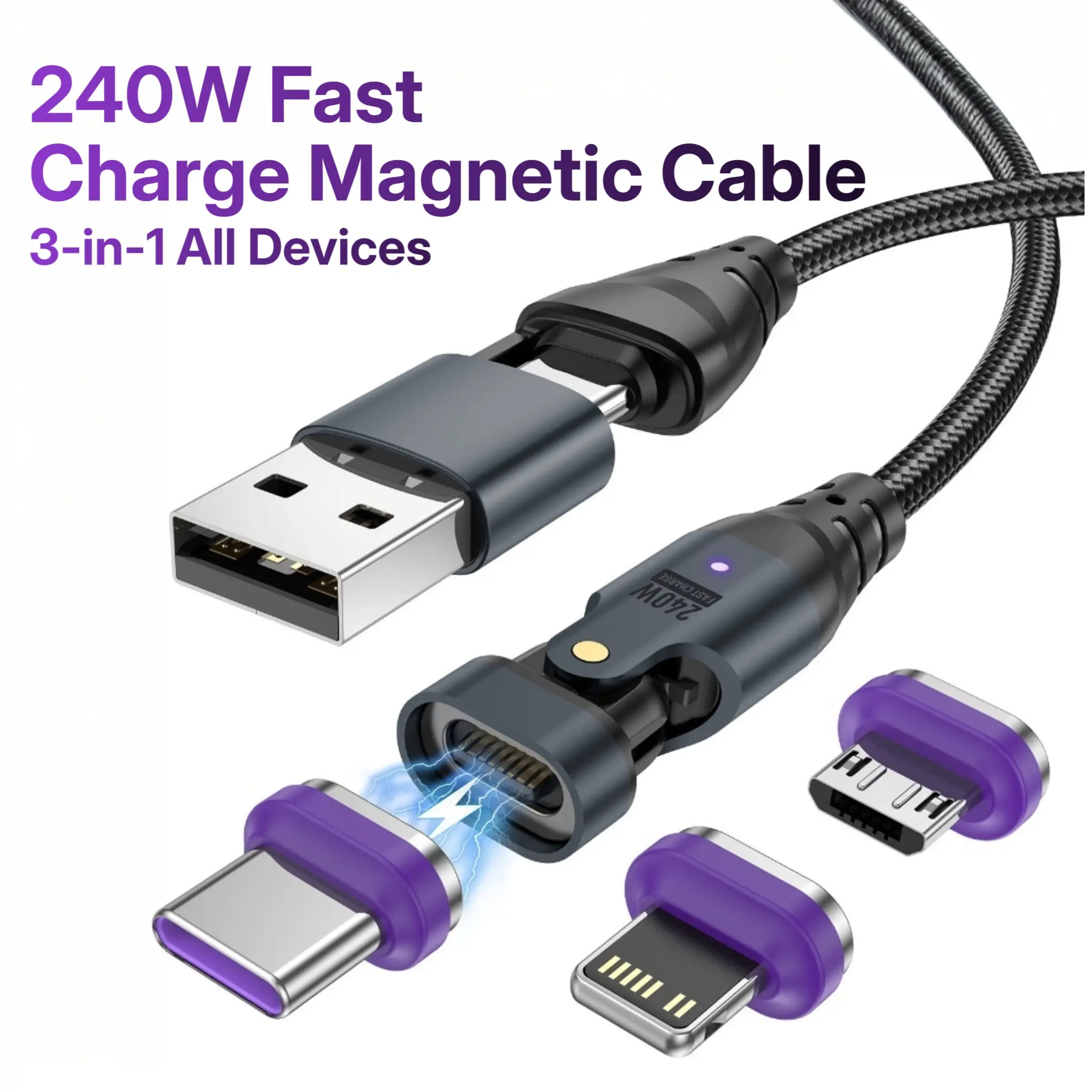 16PIN 240W Magnetic USB C Cable 70.87Inch, 180° Rotation Fast Charging Cord, 3-in-1 Magnet Charger/Data Transfer Cable for Phones, Laptops & Tablets - YY
